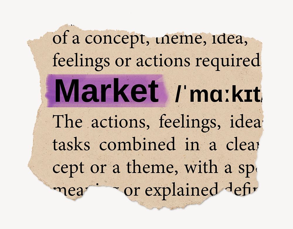 Market ripped dictionary, editable word collage element psd