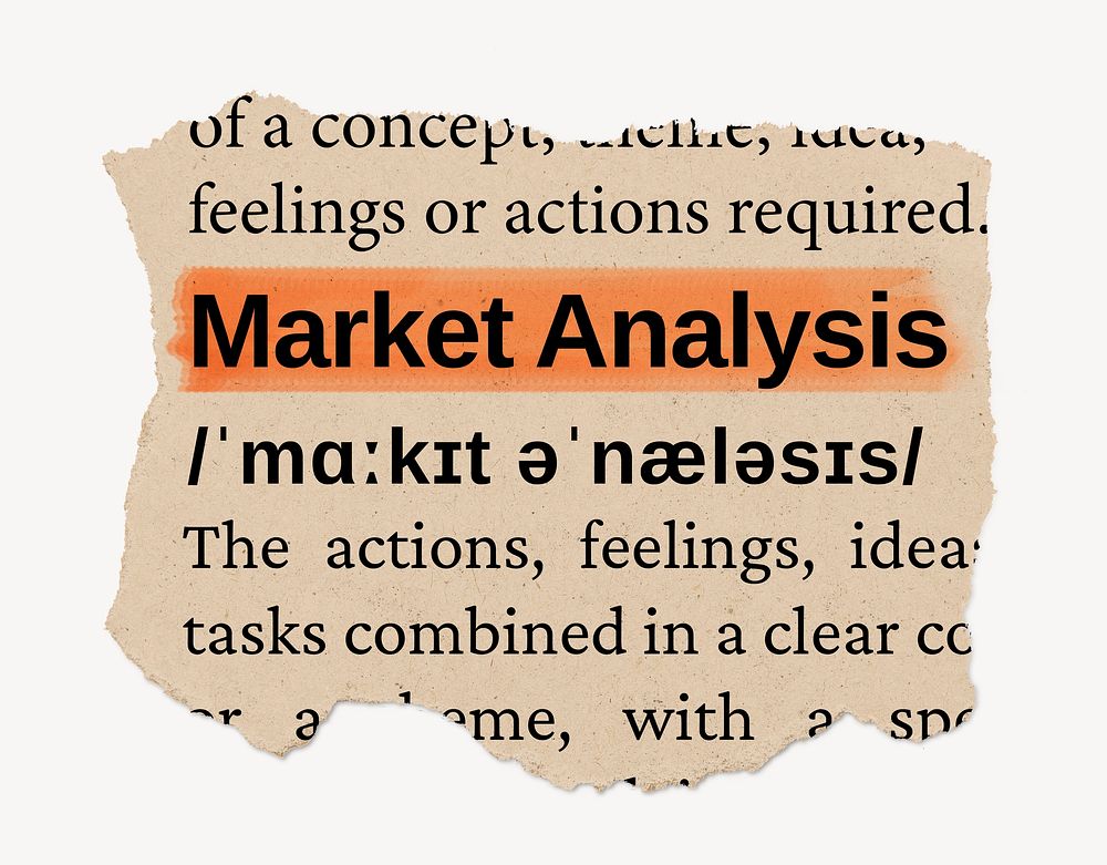 Market analysis ripped dictionary, editable word collage element psd