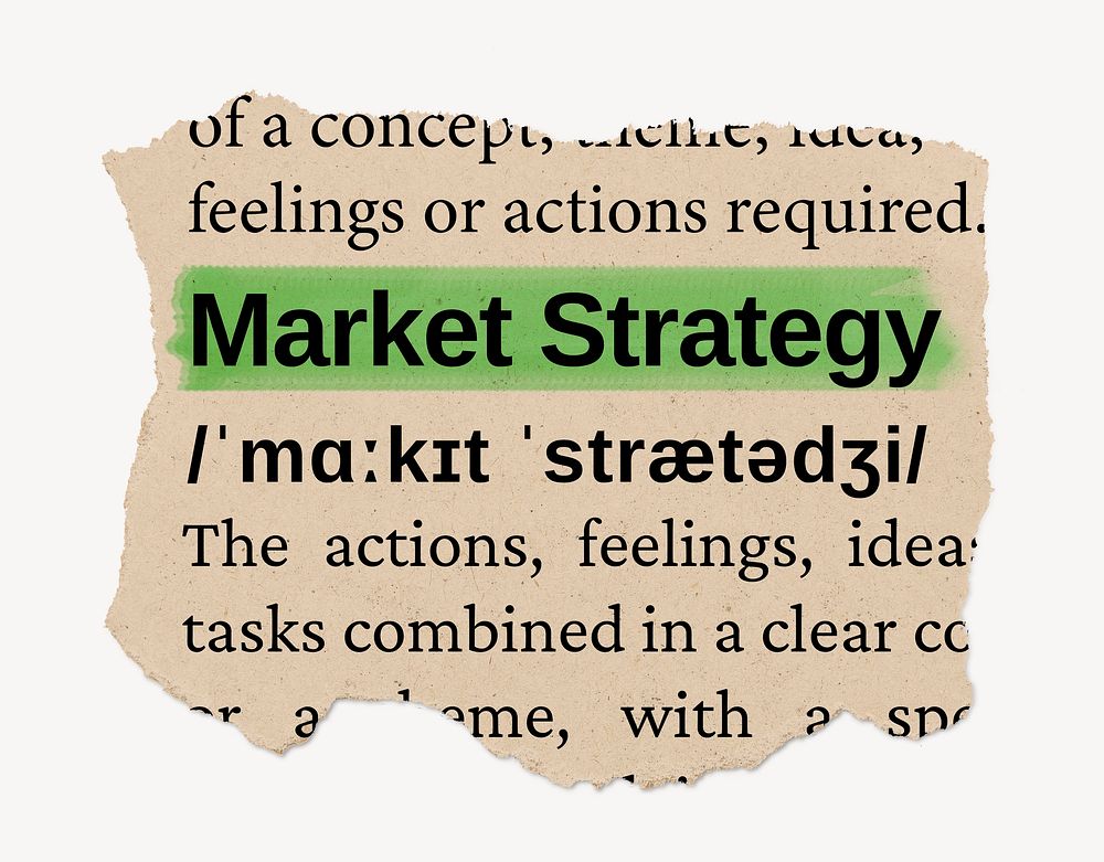 Market strategy dictionary word, vintage ripped paper design