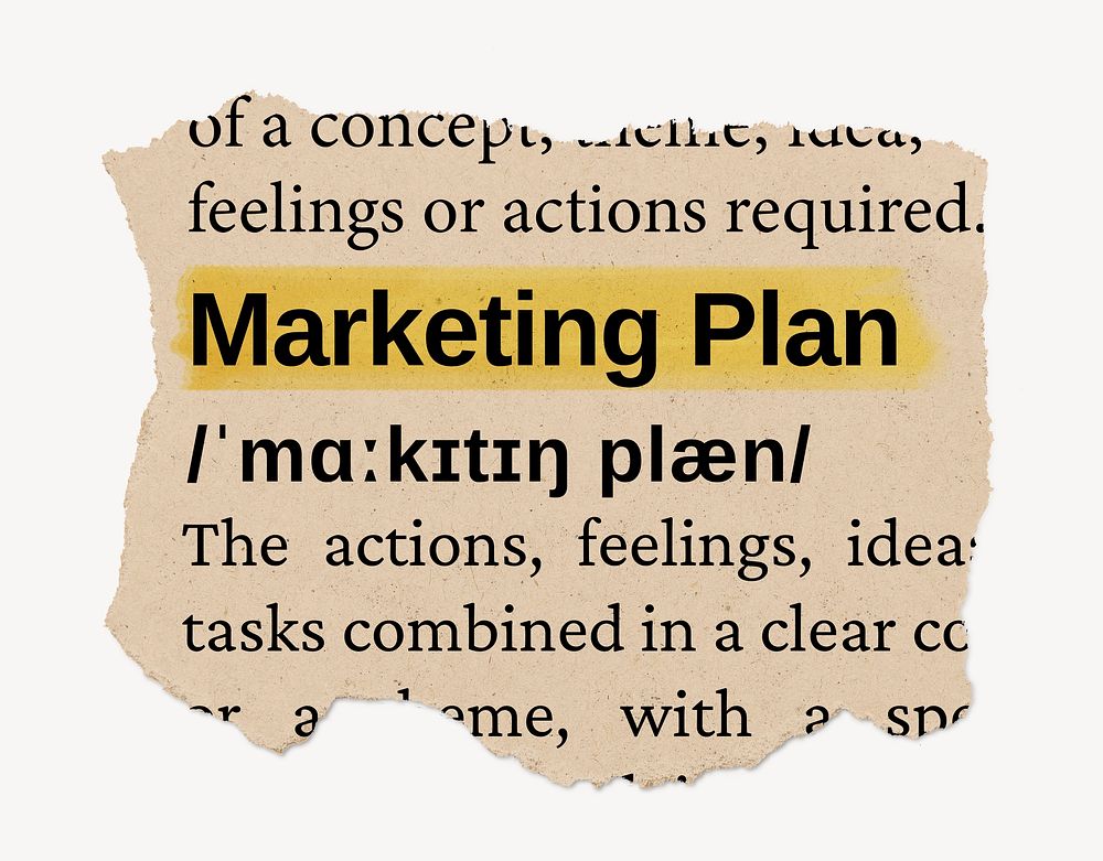 Marketing plan ripped dictionary, editable word collage element psd