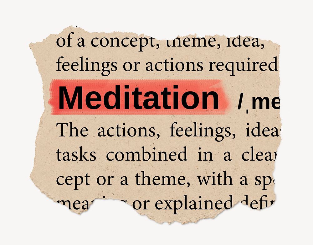 Meditation dictionary word, vintage ripped paper design