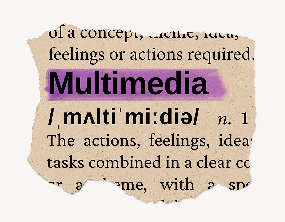 Multimedia ripped dictionary, editable word collage element psd
