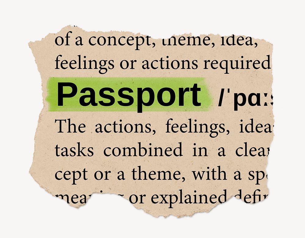 Passport dictionary word, vintage ripped paper design