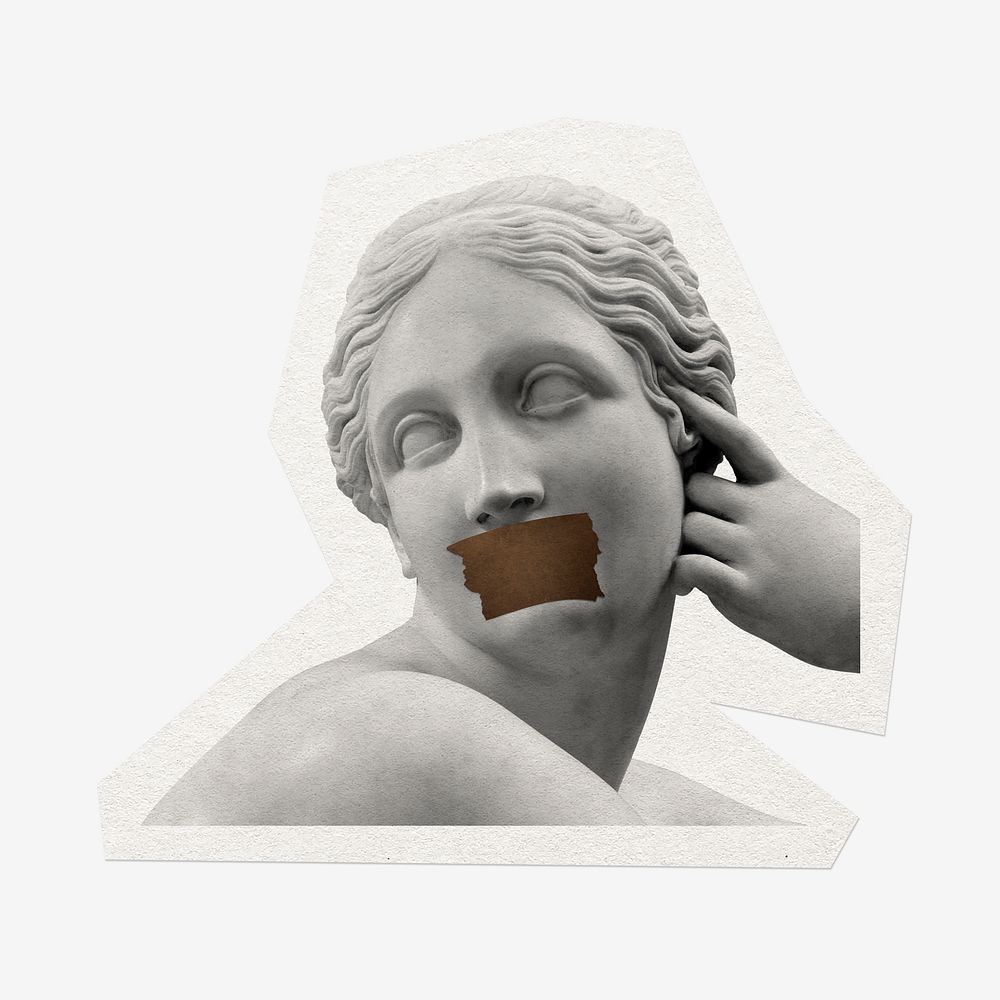 Taped mouth statue, cut out paper design, off white graphic