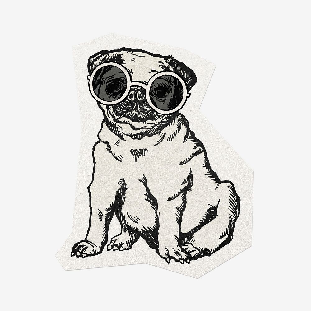 Cute pug dog, cut out paper design, off white graphic