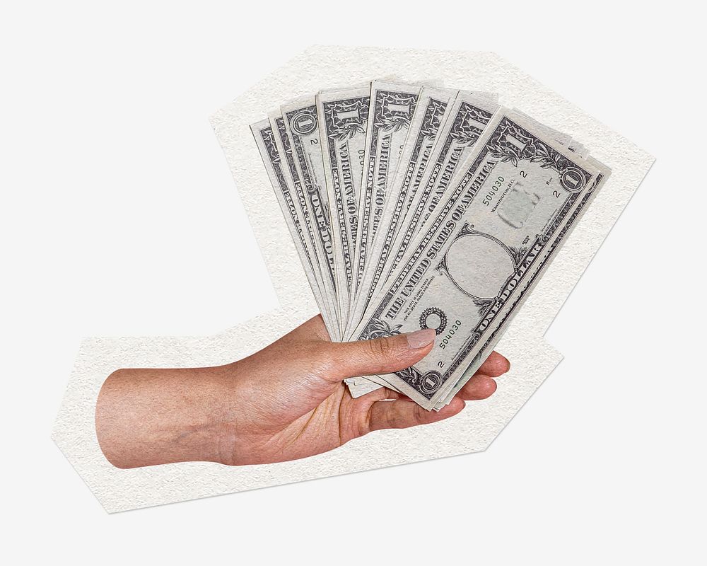Hand holding dollar cash, cut out paper, off white design