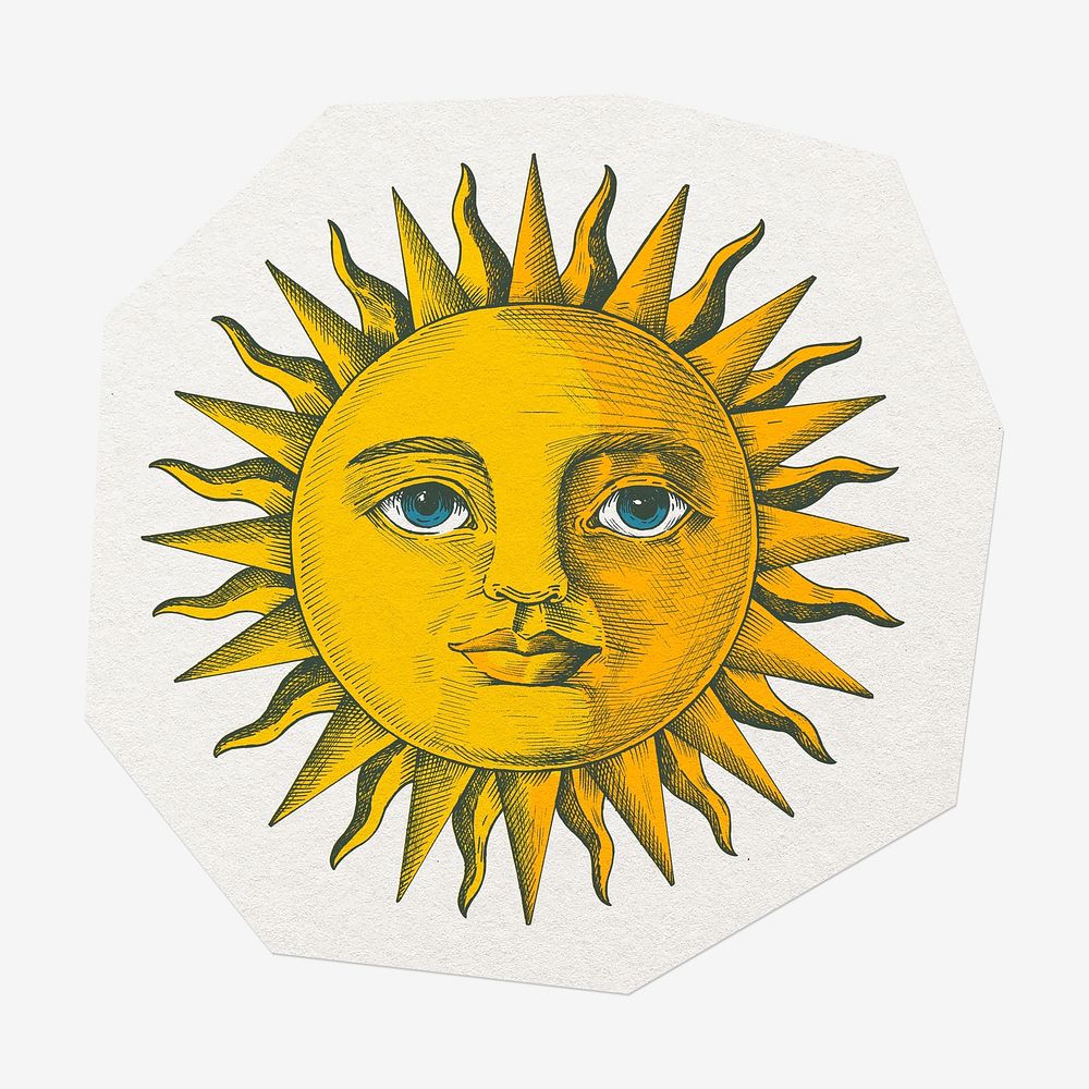 Vintage sun with face, cut out paper, off white design
