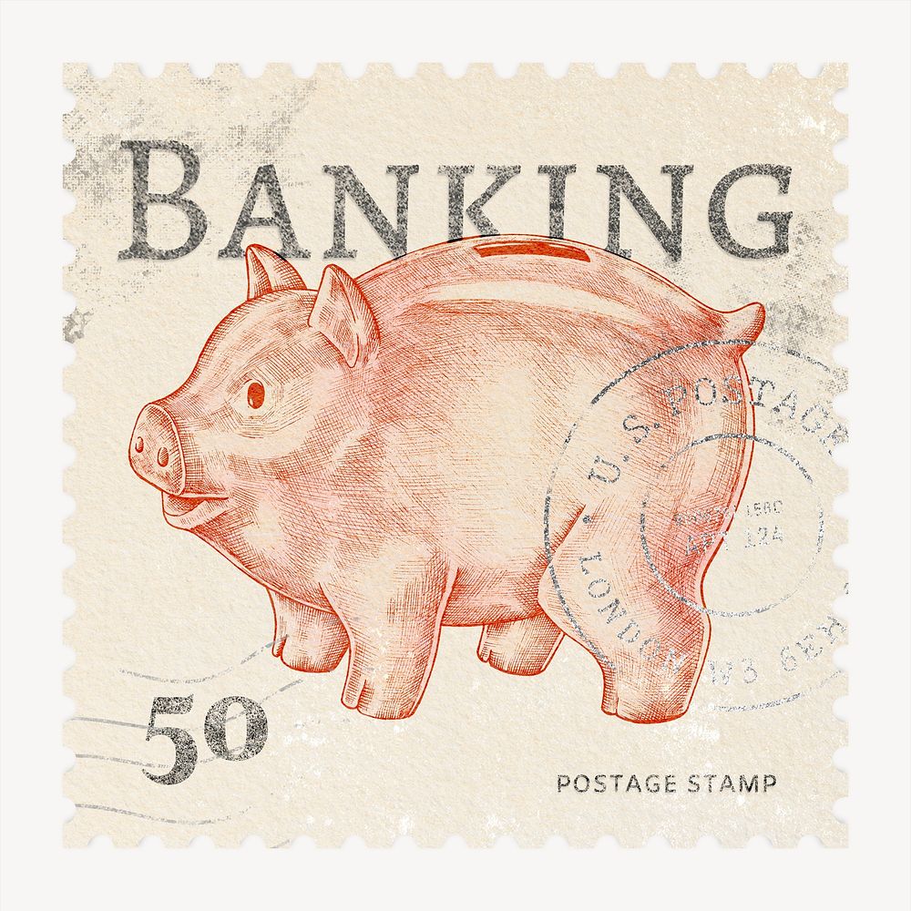 Banking postage stamp sticker, finance stationery psd