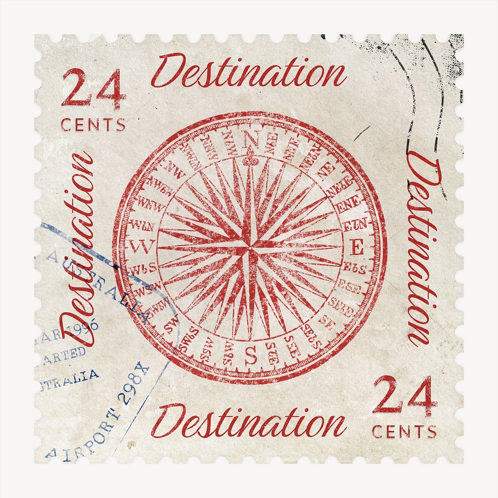 Destination postage stamp, travel stationery collage element