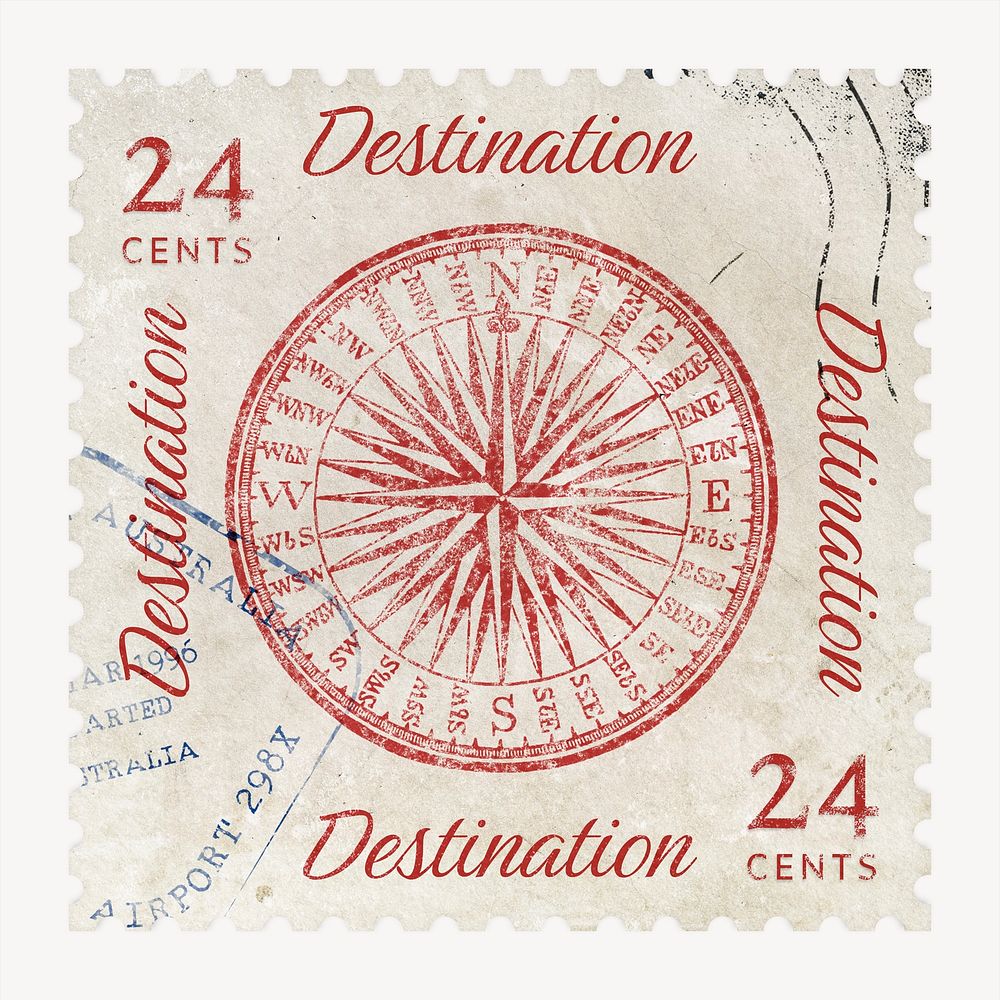 Destination postage stamp sticker, travel stationery psd