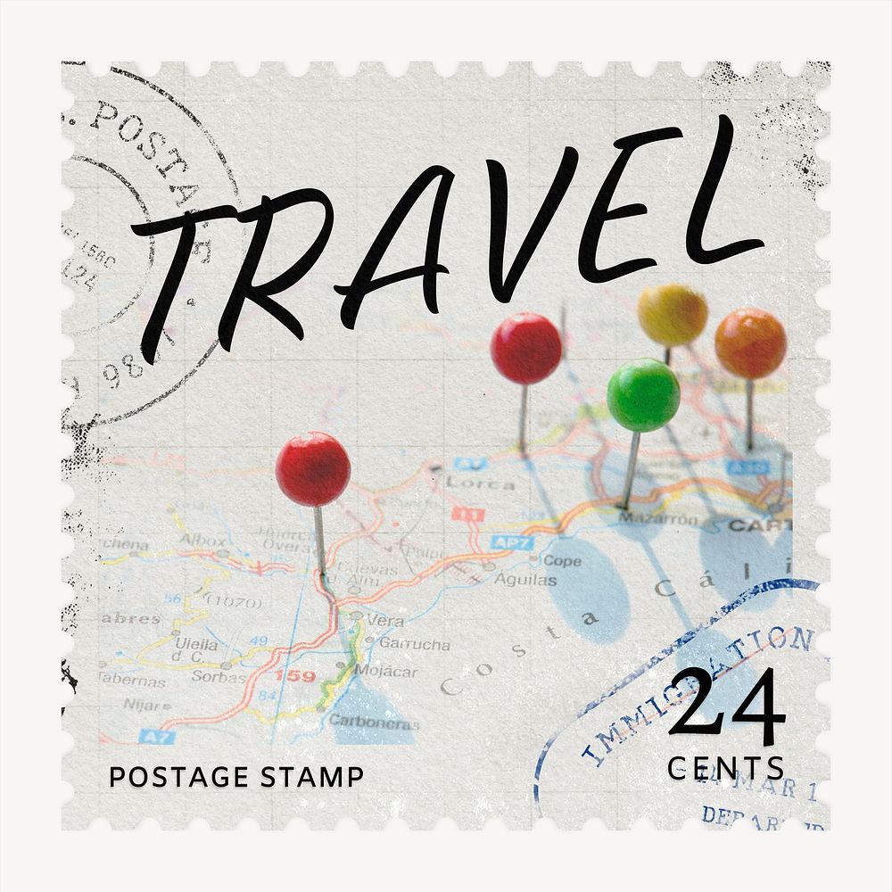 Travel postage stamp sticker, stationery psd