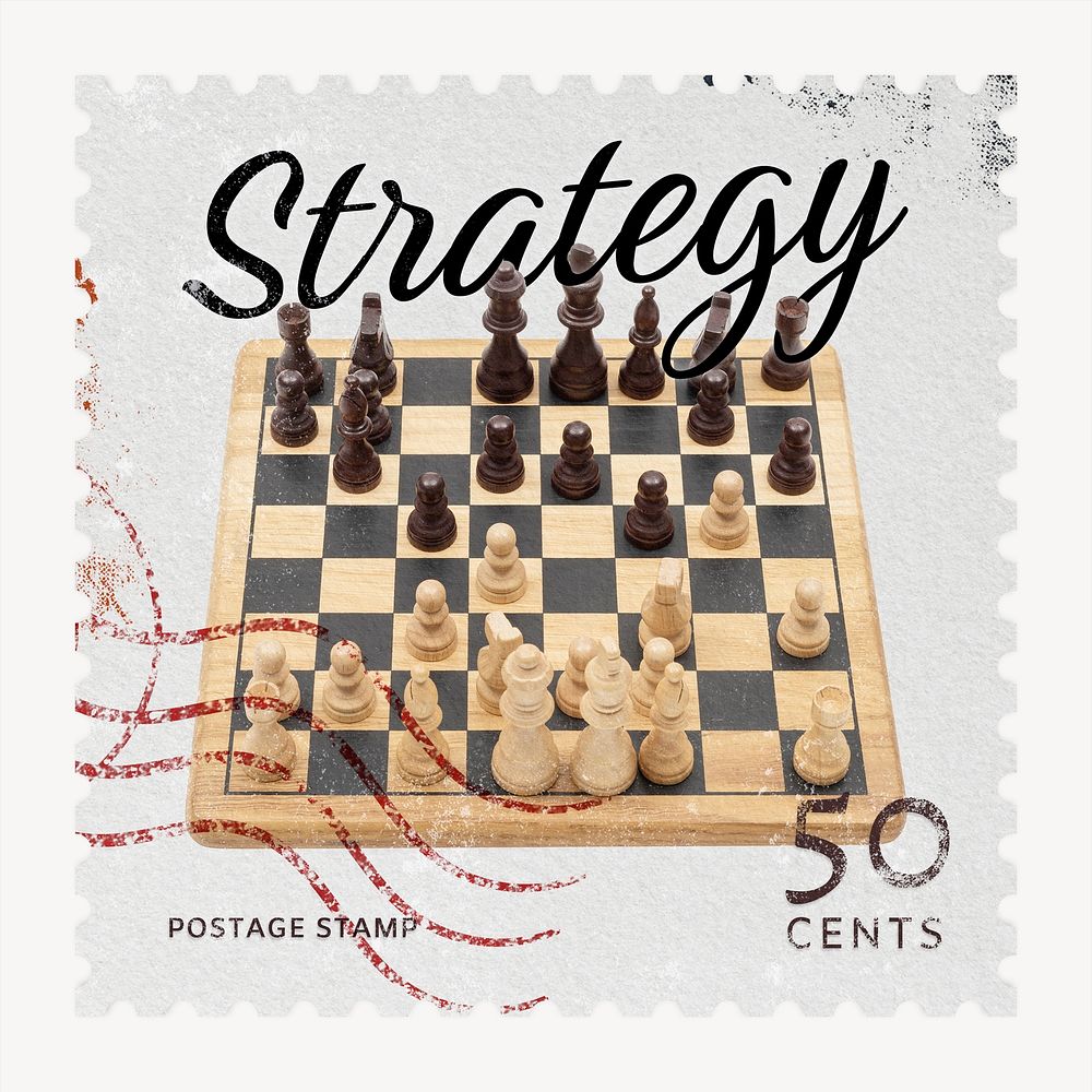 Strategy chess postage stamp, business stationery collage element