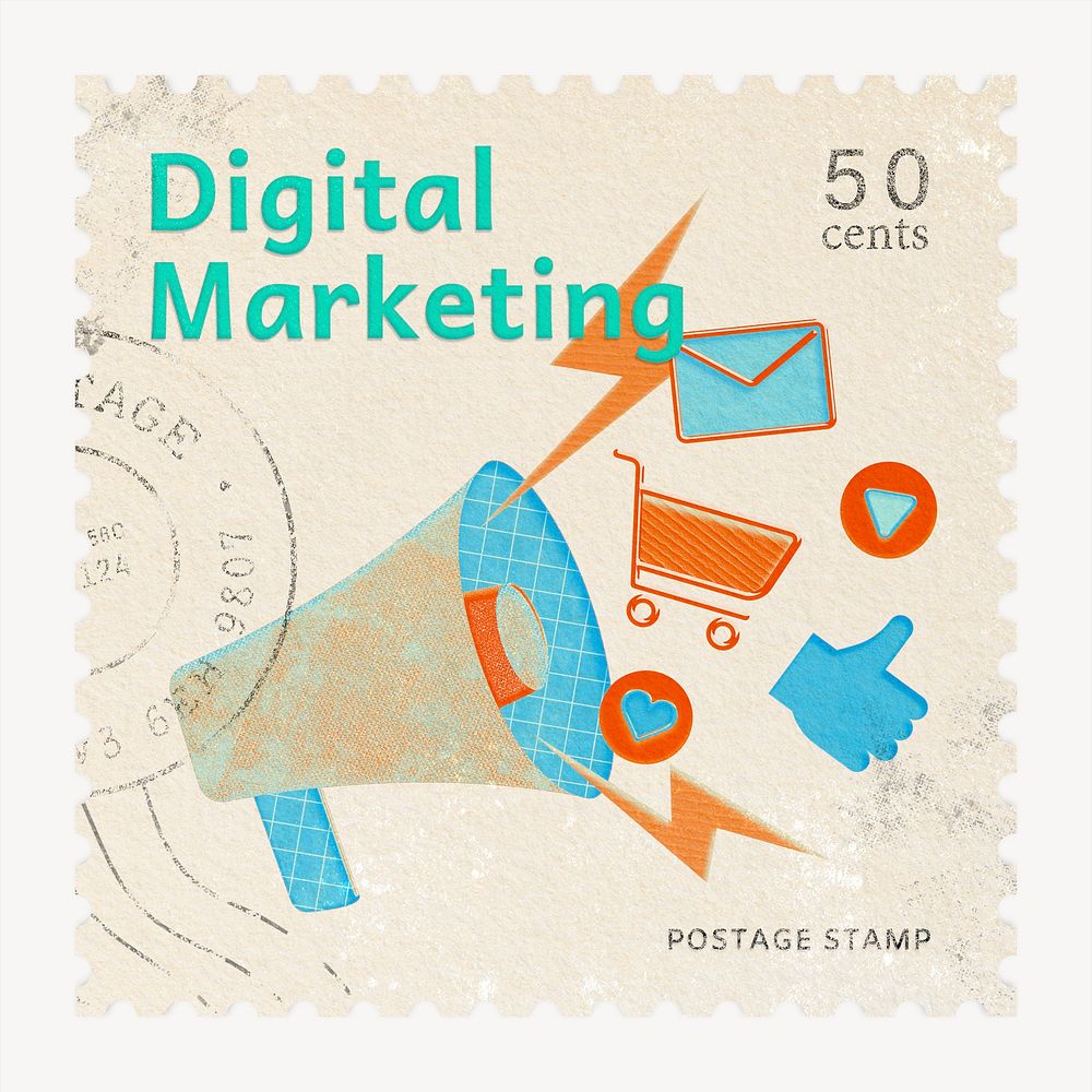 Digital marketing postage stamp, business stationery collage element