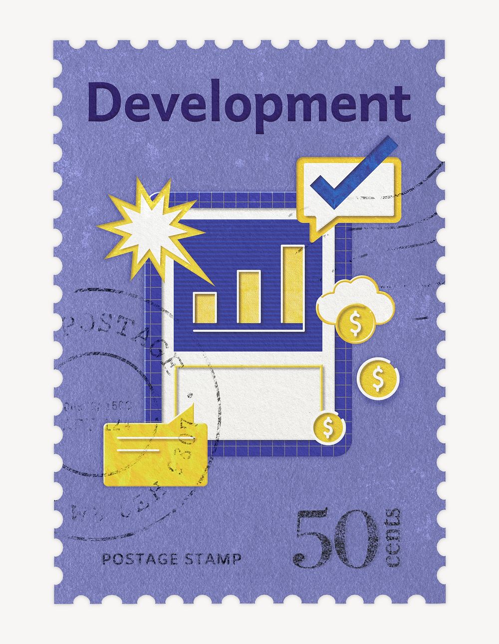 Development postage stamp sticker, business stationery psd