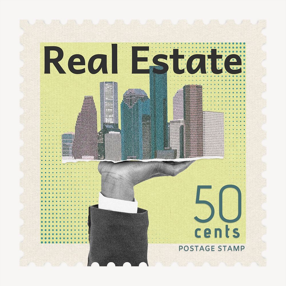 Real estate postage stamp, business stationery collage element