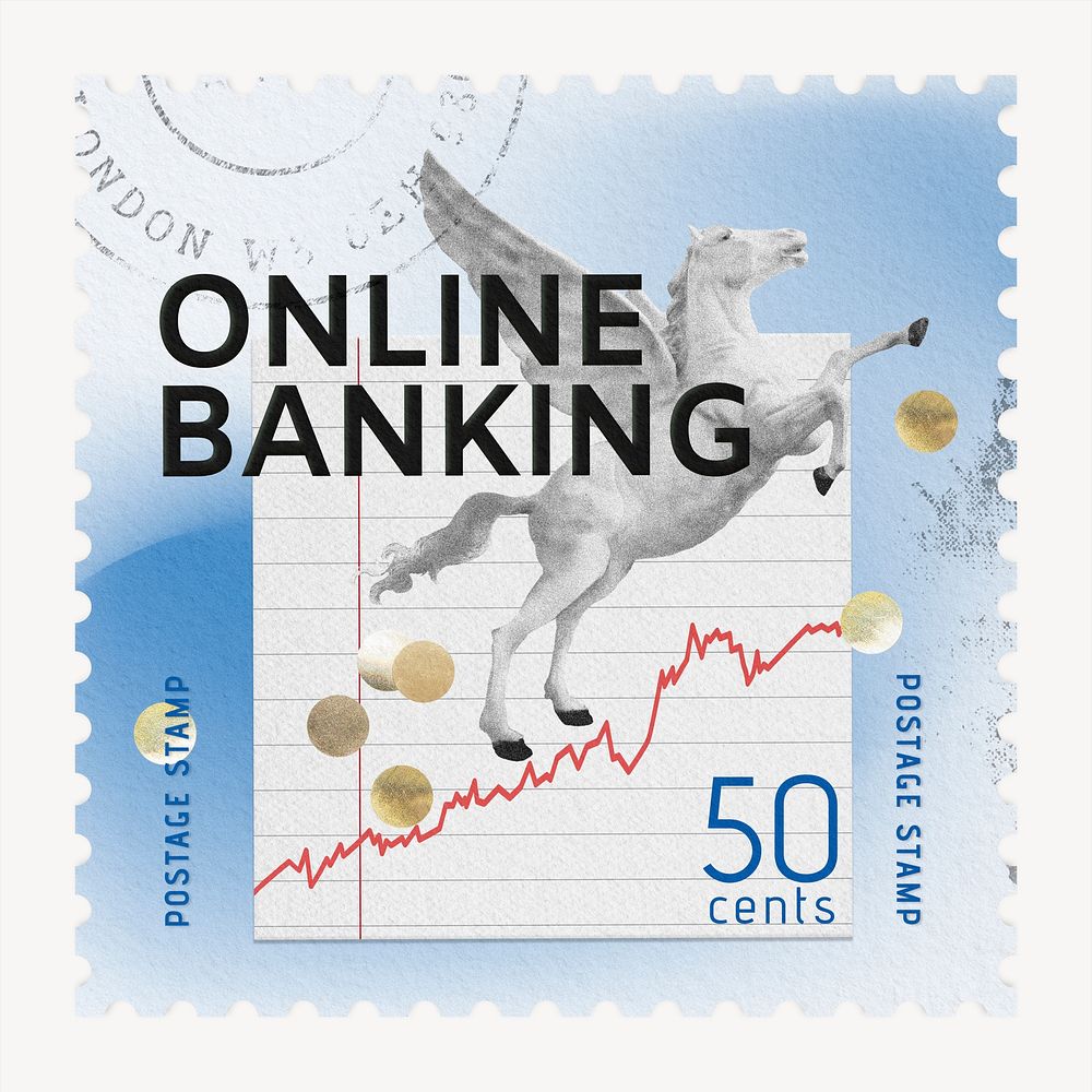 Online banking postage stamp sticker, business stationery psd