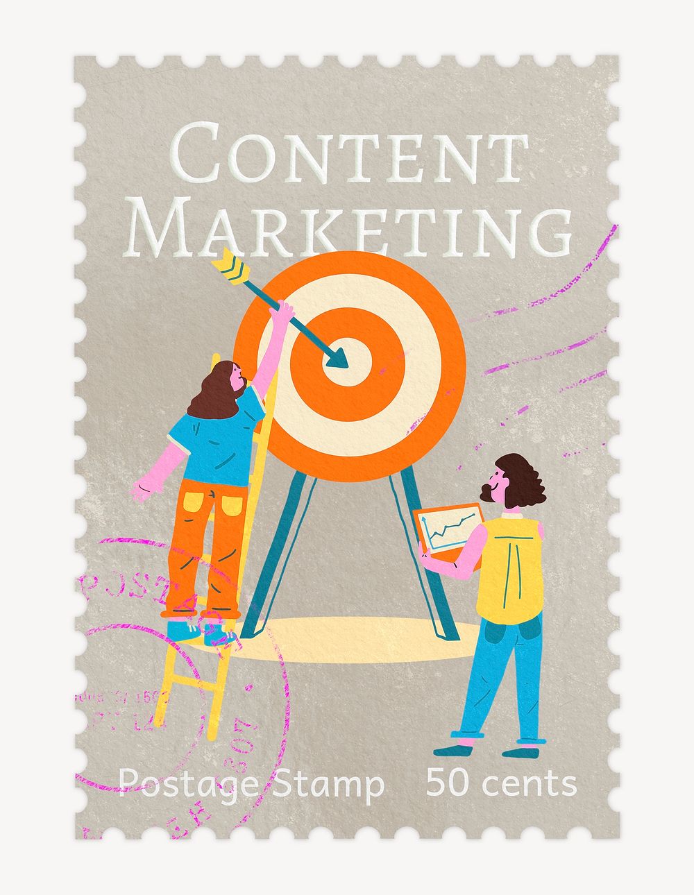 Content marketing postage stamp sticker, business stationery psd