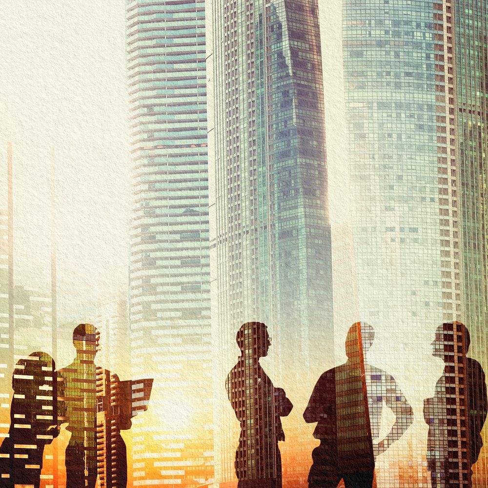 Business people silhouette background, aesthetic remixed media