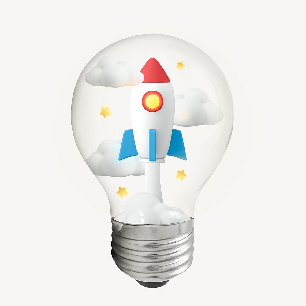 Rocket launch 3D lightbulb collage element psd