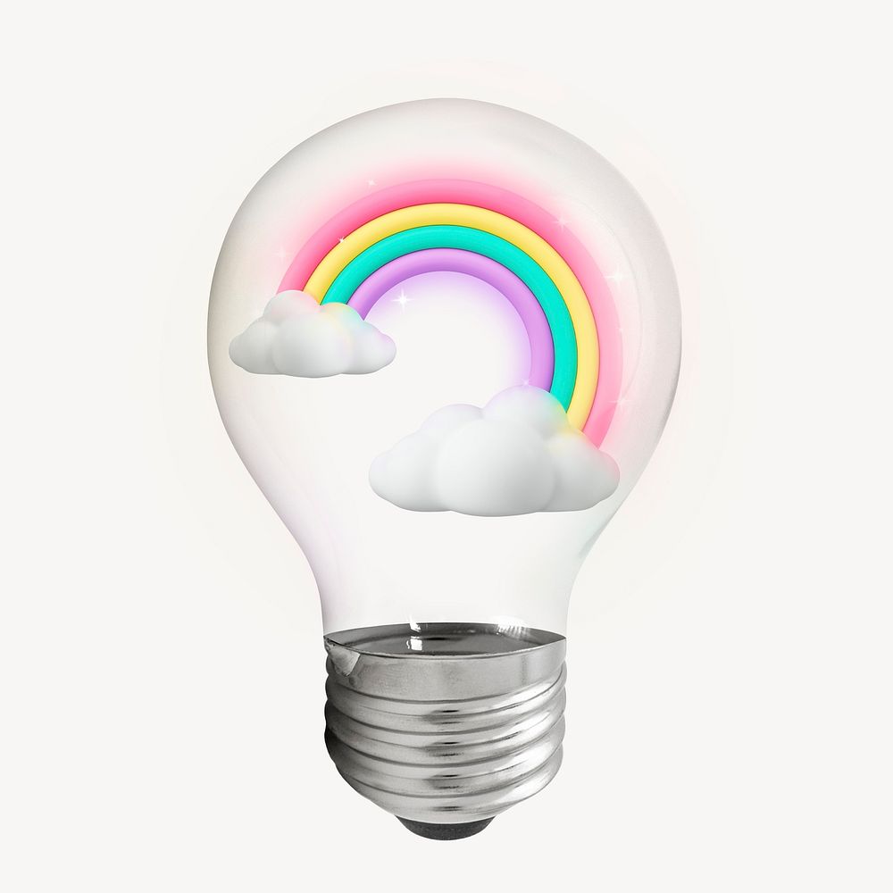 Rainbow 3D lightbulb, aesthetic clipart