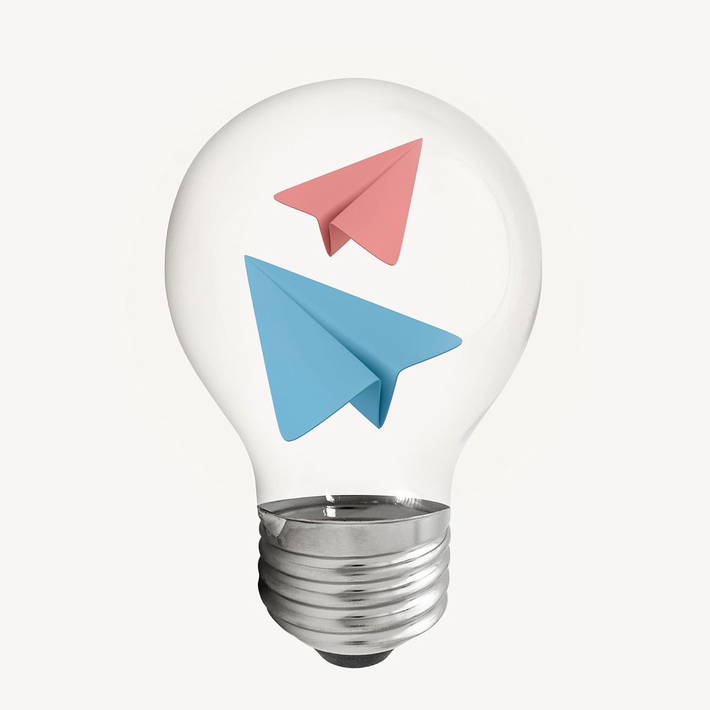 Message paper plane 3D lightbulb, business clipart