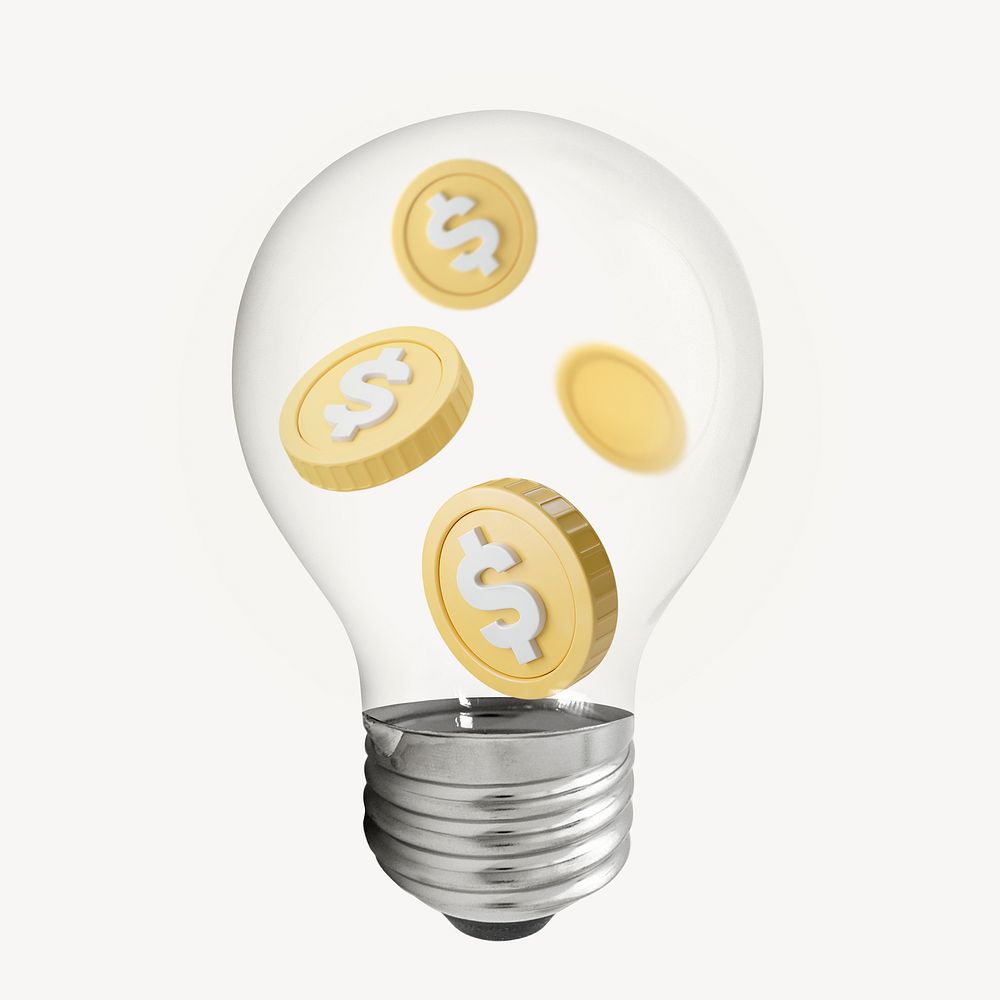 Coin money 3D lightbulb collage element psd