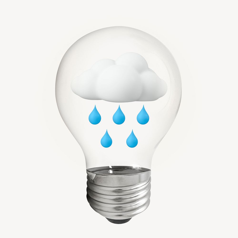 Raining cloud 3D lightbulb, environment clipart