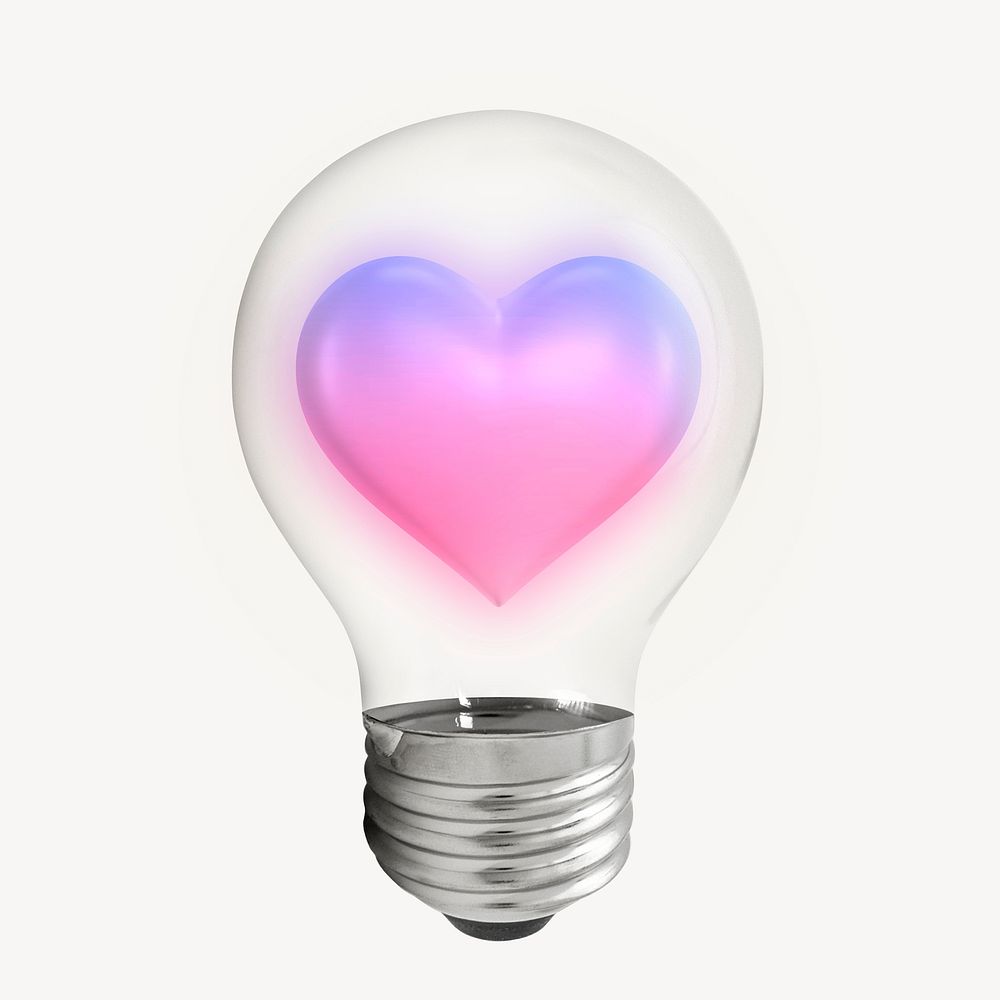 Aesthetic heart 3D lightbulb collage element psd
