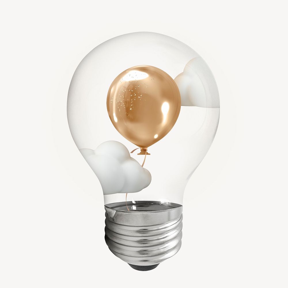 Gold balloon 3D lightbulb, party clipart