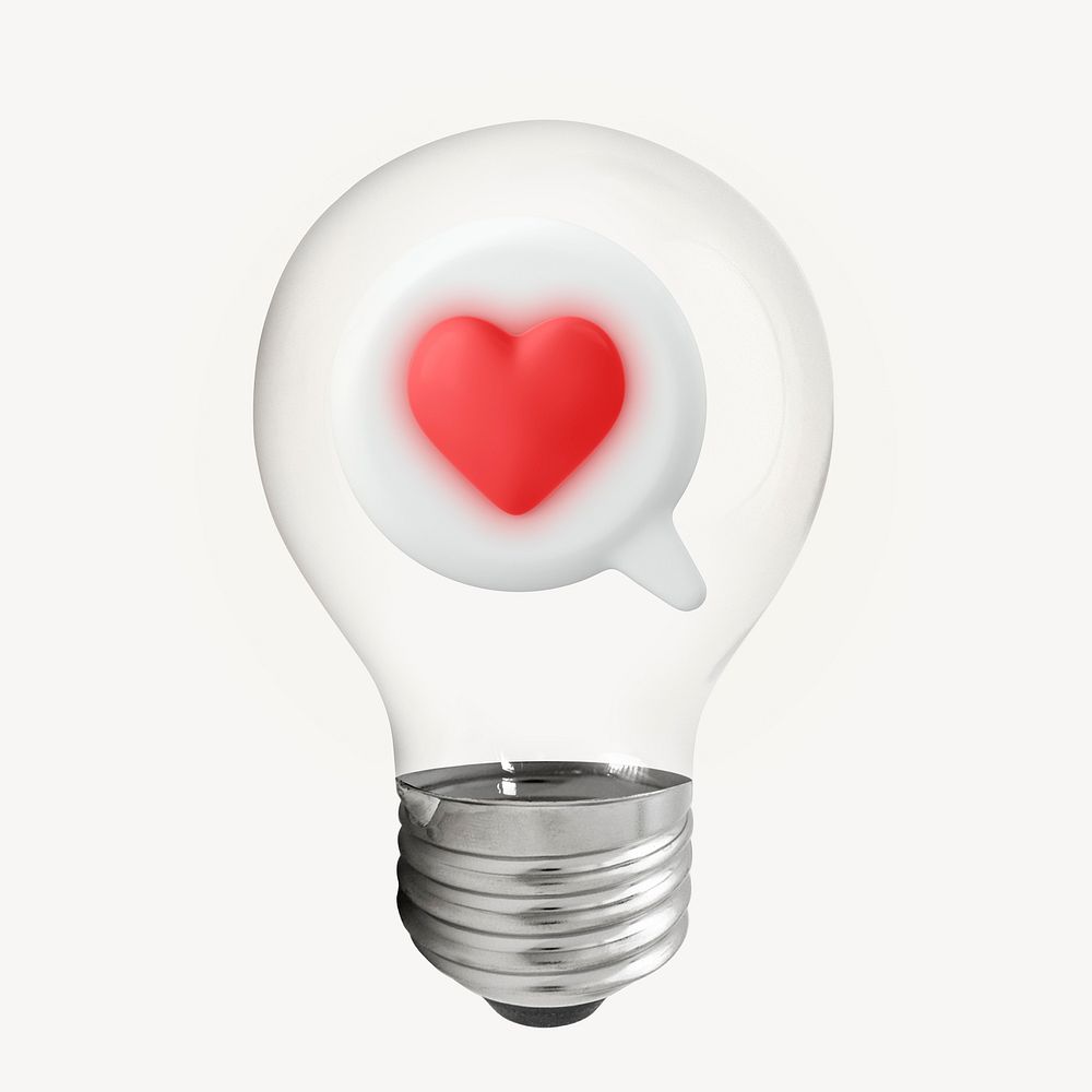 Love reaction 3D lightbulb, heart clipart