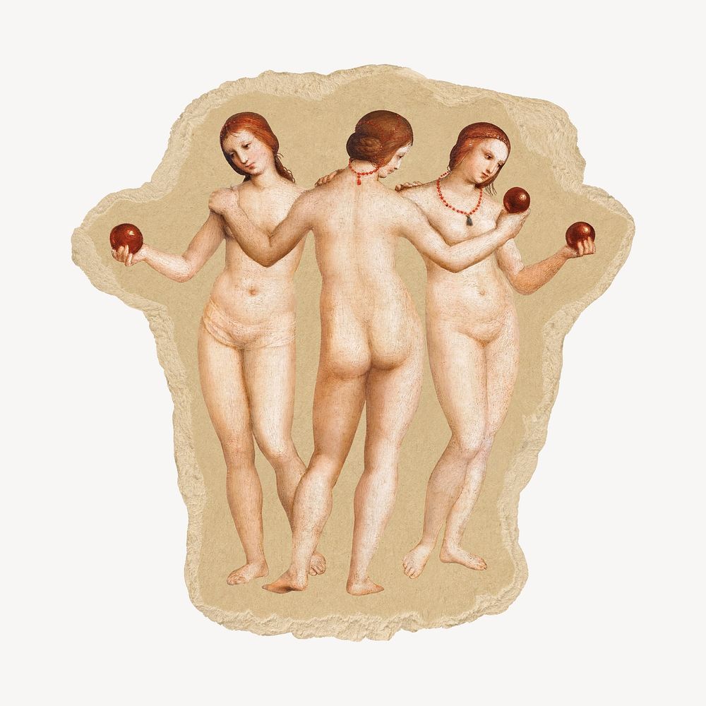 Nude goddess, Three Graces on brown ripped paper remixed by rawpixel