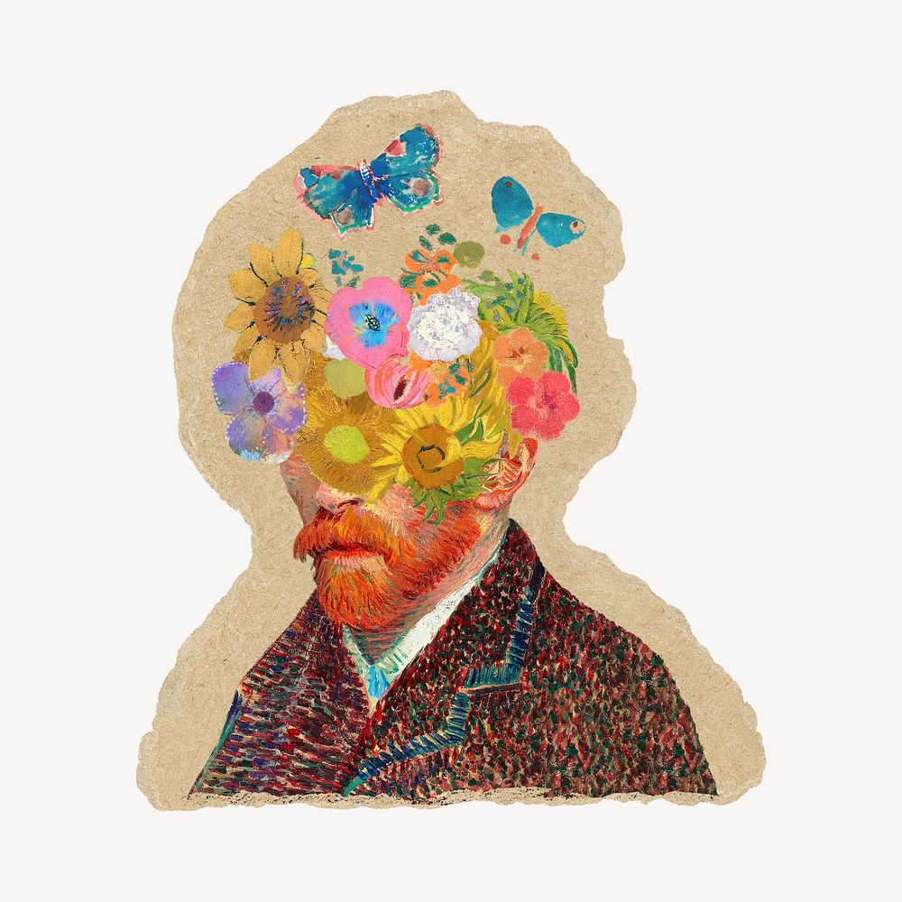 Van Gogh self-portrait collage on brown ripped paper remixed by rawpixel