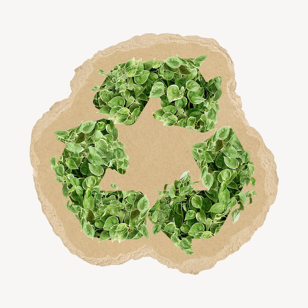 Green recycling symbol on brown ripped paper