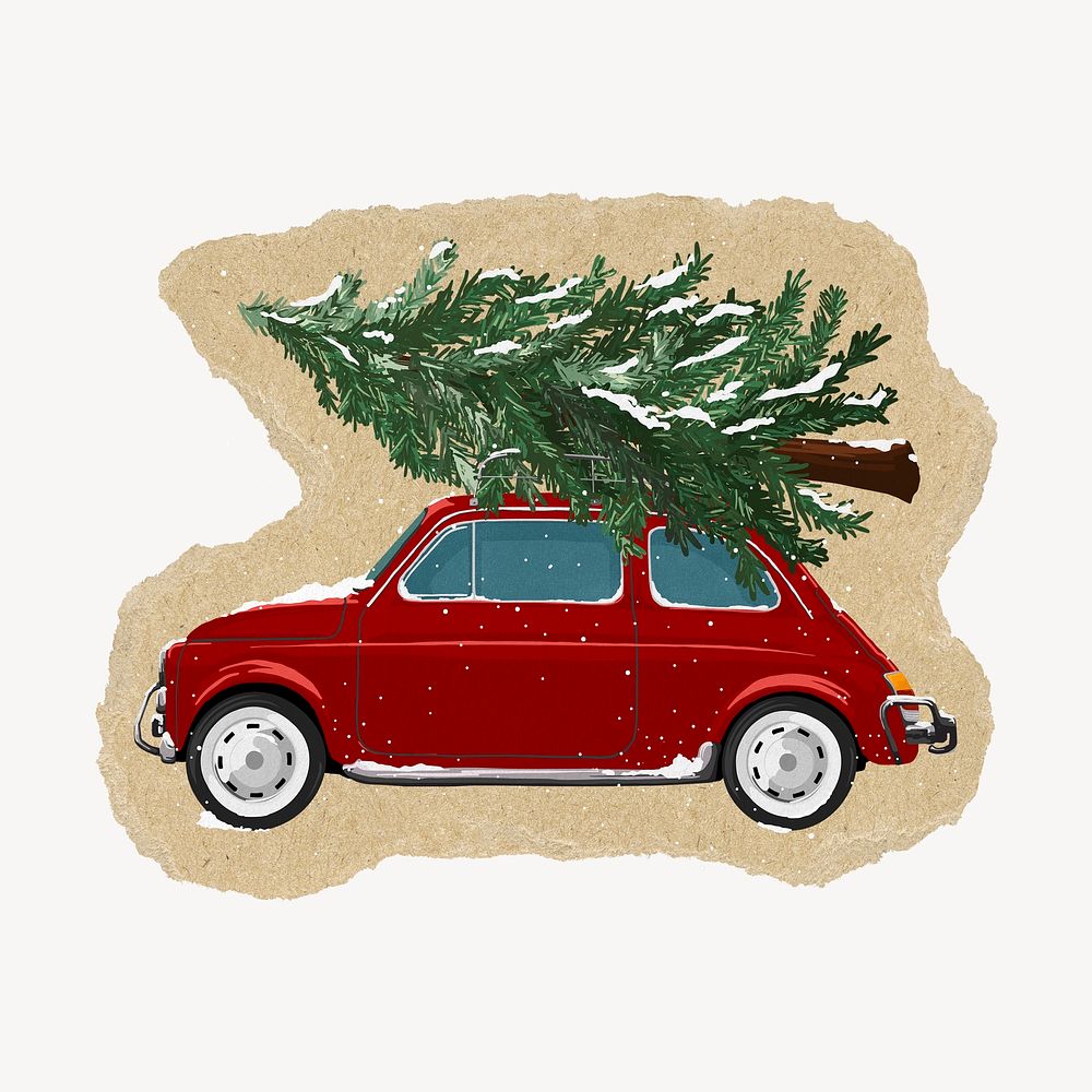 Christmas car toy collage element, object on ripped paper psd