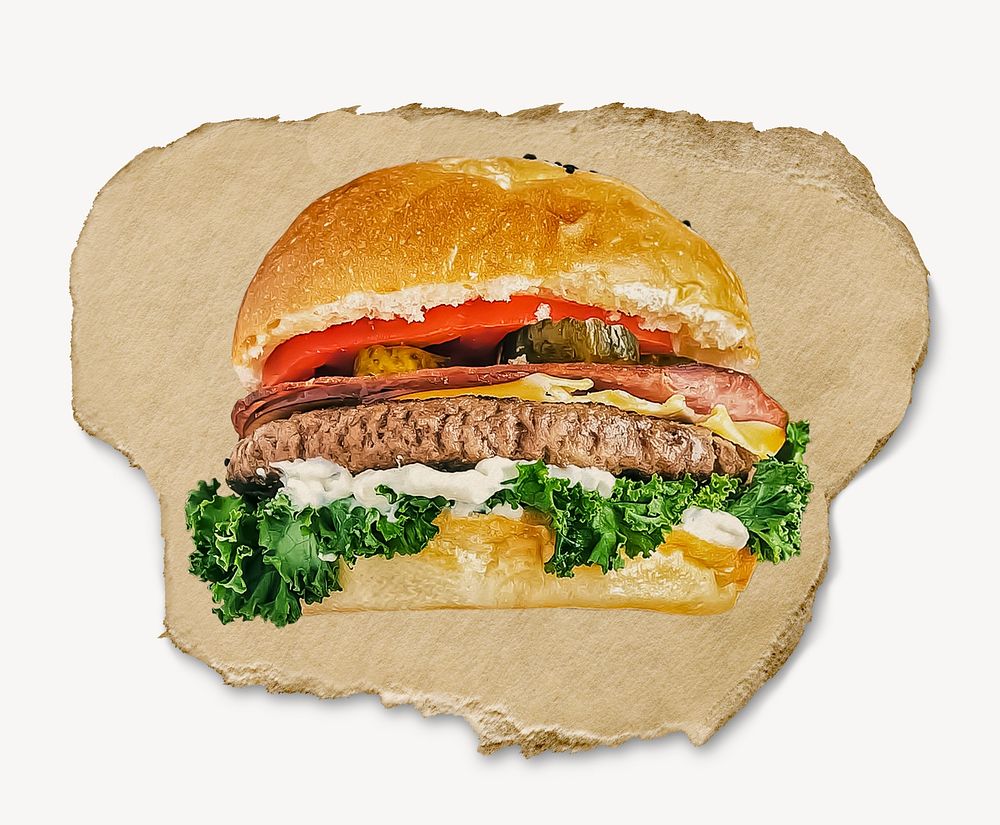 Burger, ripped paper food collage element