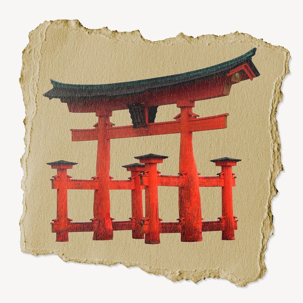Japanese Torii gate, ripped paper collage element