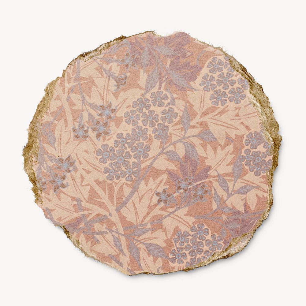 William Morris pattern badge, ripped paper collage element