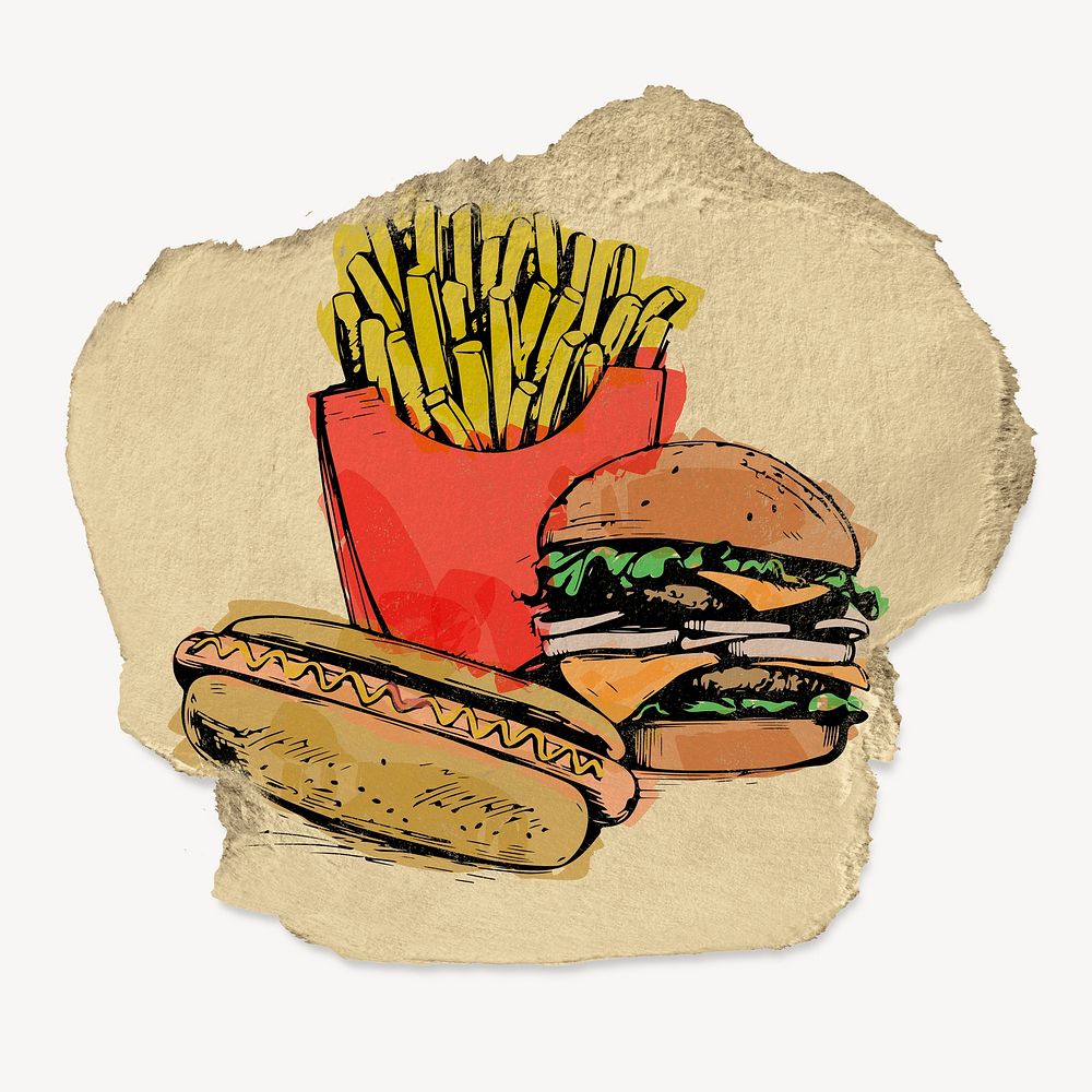 Burger, hotdog, fries ripped paper food collage element