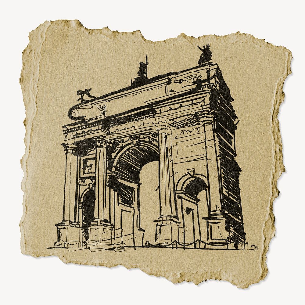 Arc De Triomphe sticker, Paris famous landmark, ripped paper collage element psd
