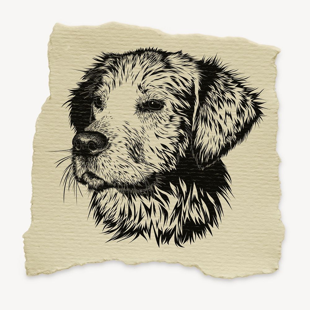 Golden Retriever dog, ripped paper animal collage element