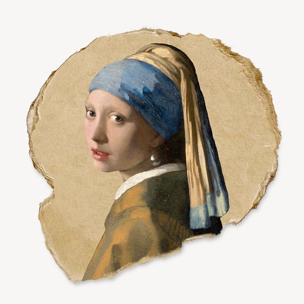 Girl with a Pearl Earring sticker, ripped paper collage element psd, famous artwork remixed by rawpixel