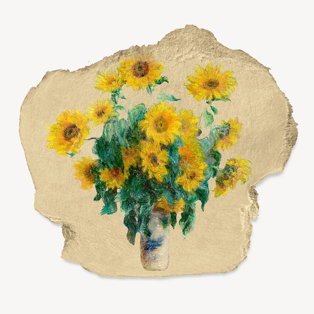 Sunflower vase sticker, ripped paper collage element psd