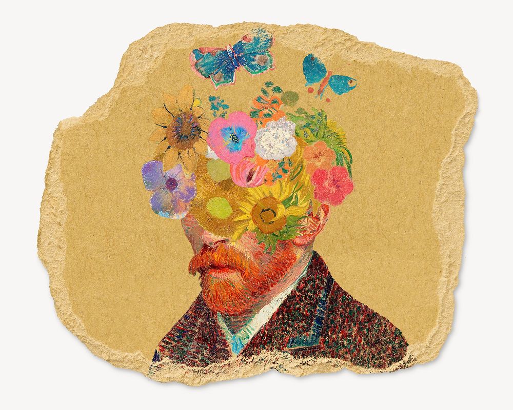 Floral Van Gogh portrait sticker, ripped paper collage element psd, famous artwork remixed by rawpixel