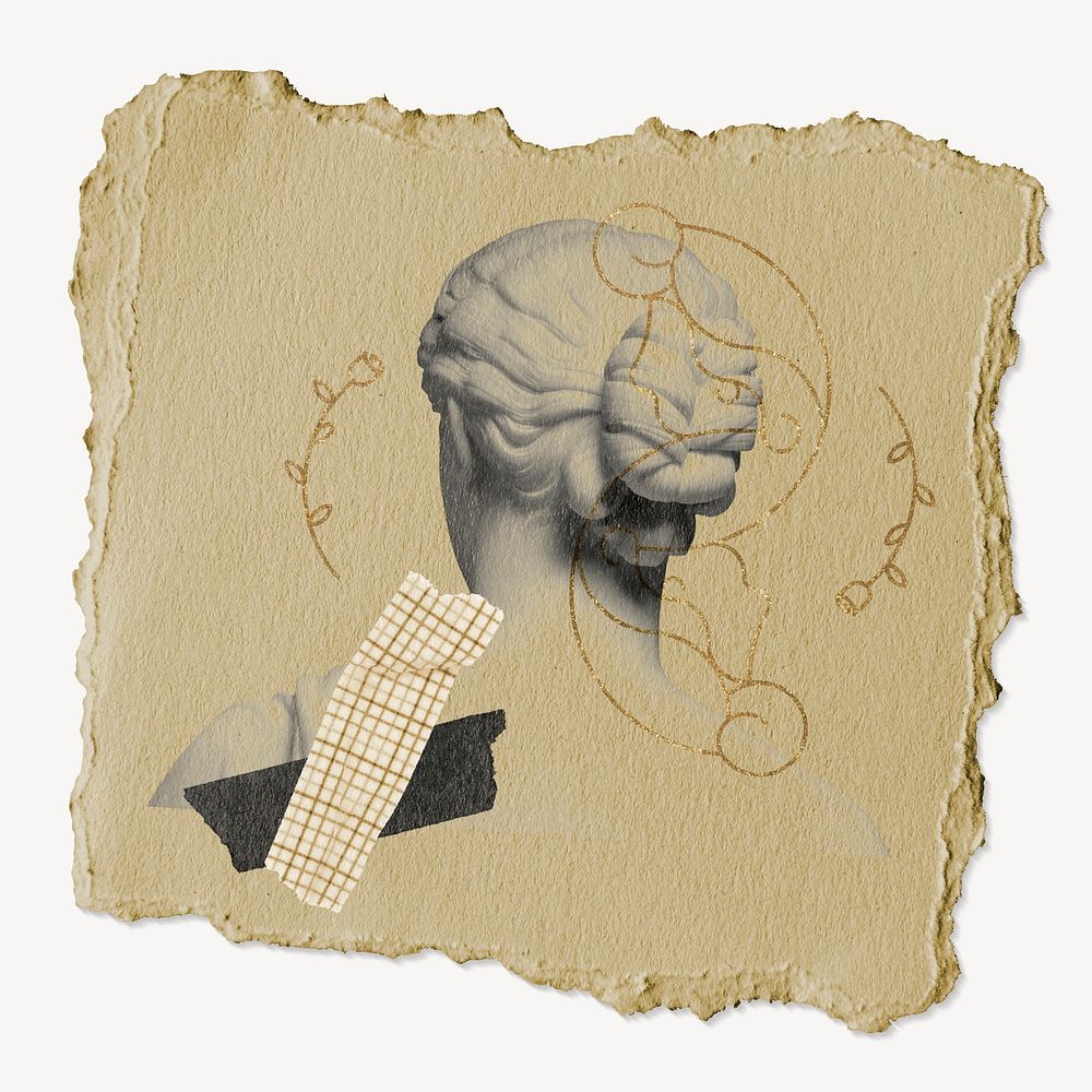 Greek Goddess statue, ripped paper collage element