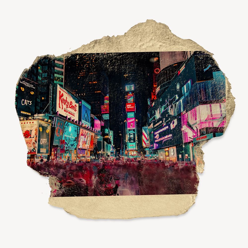 New York Time Square is USA photo on ripped paper collage element. 11 MAY 2022 - BANGKOK, THAILAND