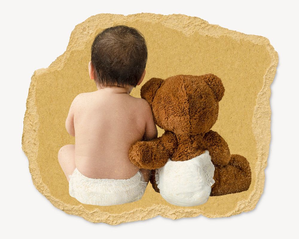 Baby, teddy bear, ripped paper collage element