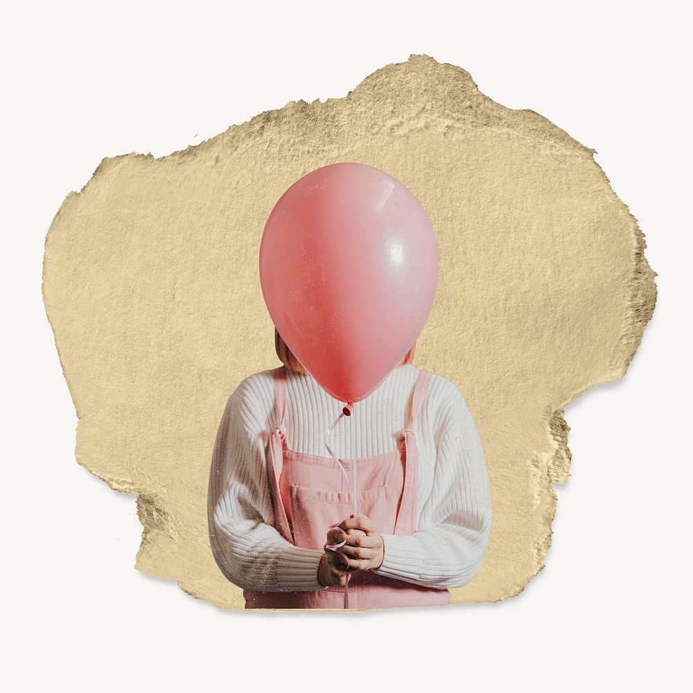 Girl holding balloon sticker, ripped paper psd