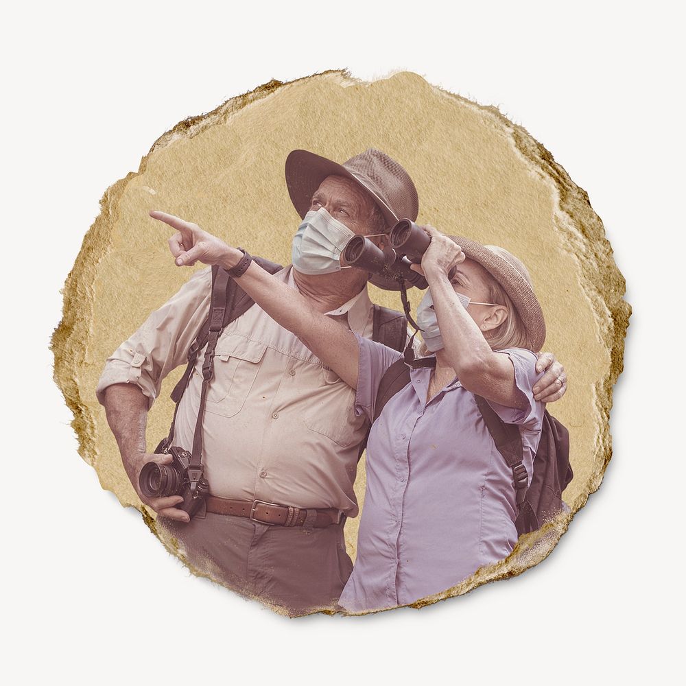 Old tourists, ripped paper collage element