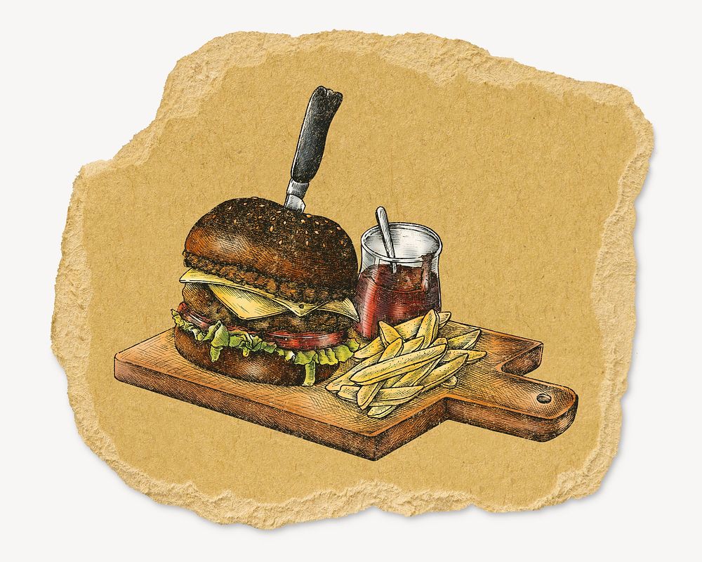 Hamburger illustration, ripped paper collage element
