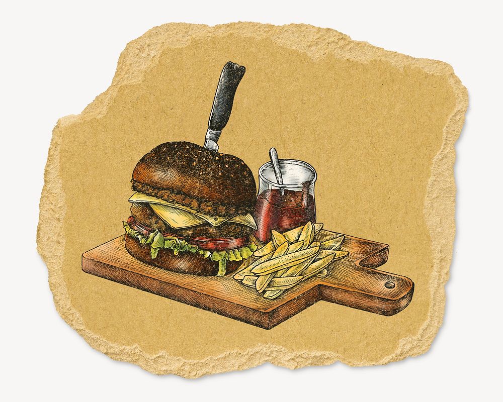 Hamburger illustration, ripped paper collage element psd